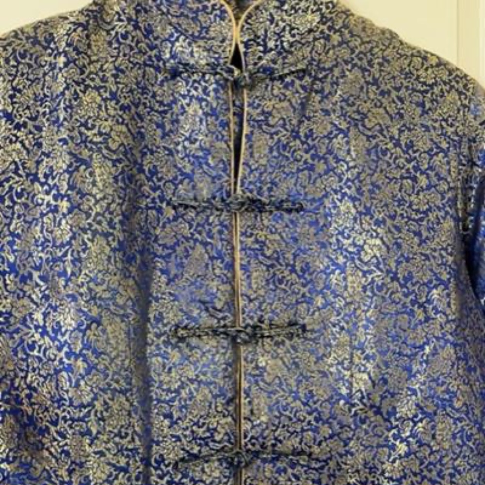 Mandarin Style Womens Jacket, Gold and Deep Blue  brocade, Marnie West, Size L
